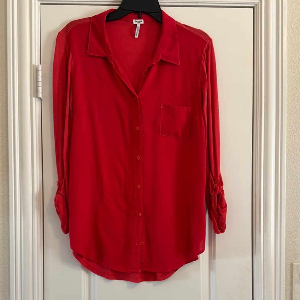 Splendid Red Tabbed Sleeve Button Down Mixed Media Shirt